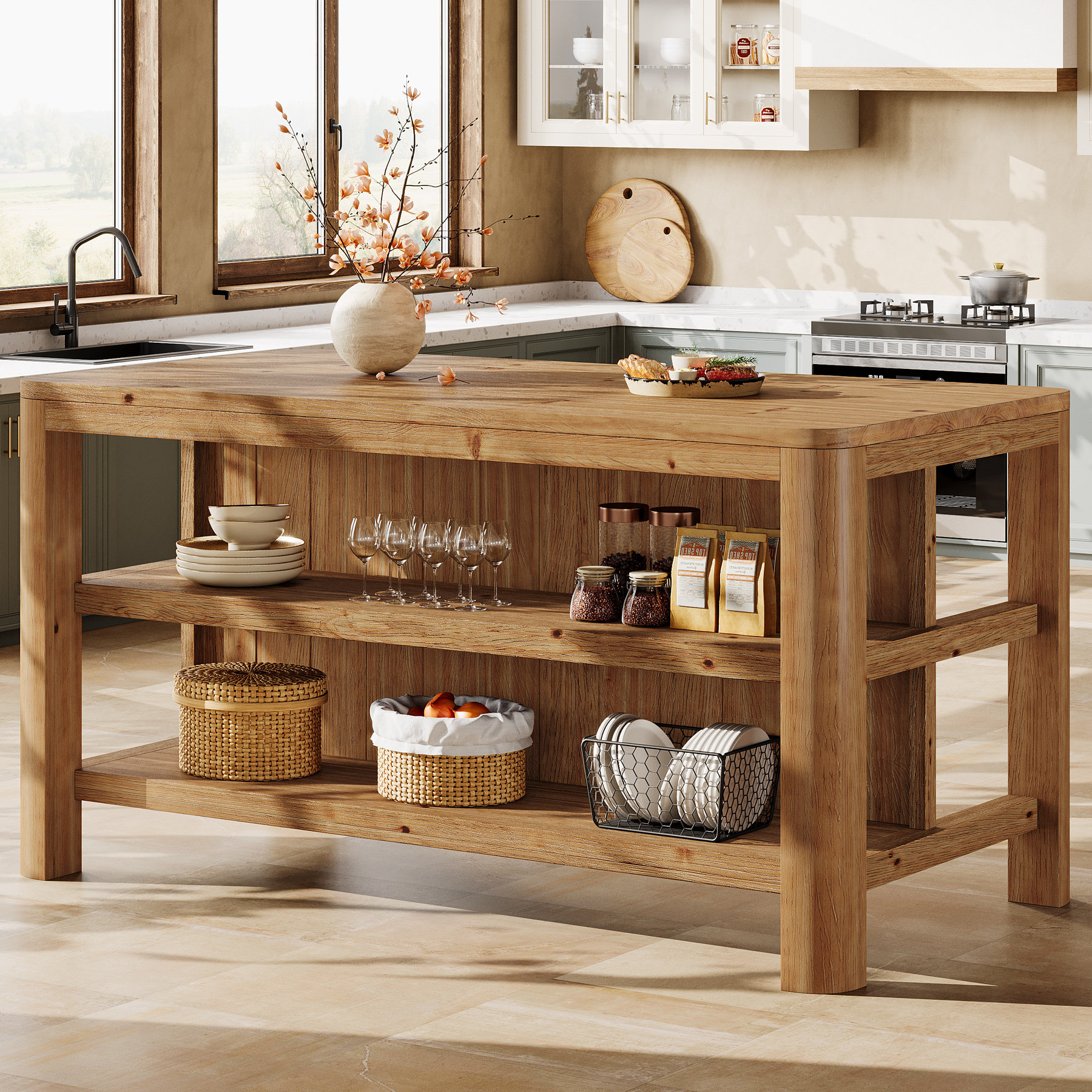 17 Stories 63-Inch Solid Wood Kitchen Island with Storage Shelves